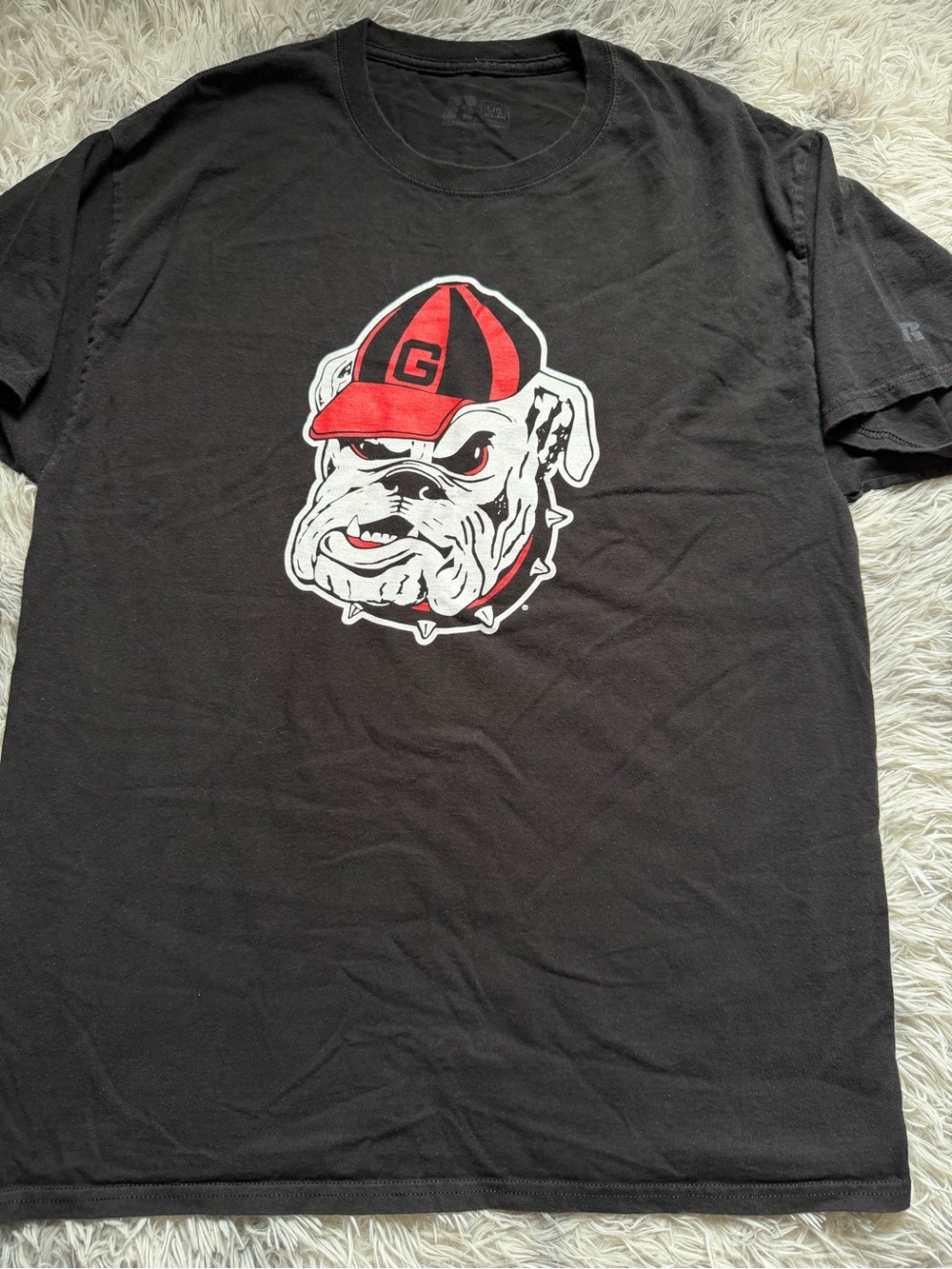 Russell Athletic Black Tee with Red and White Bulldog Graphic